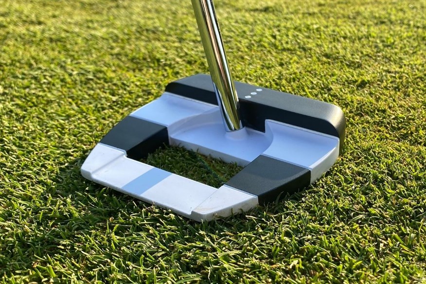 The Odyssey Ai-One Square 2 Square Jailbird putter navy blue PVD finish